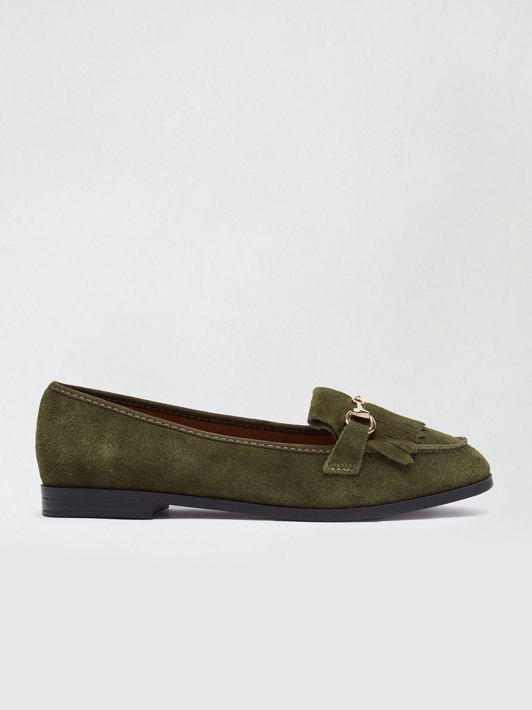 dorothy perkins women olive green wide fit solid leather horsebit loafers