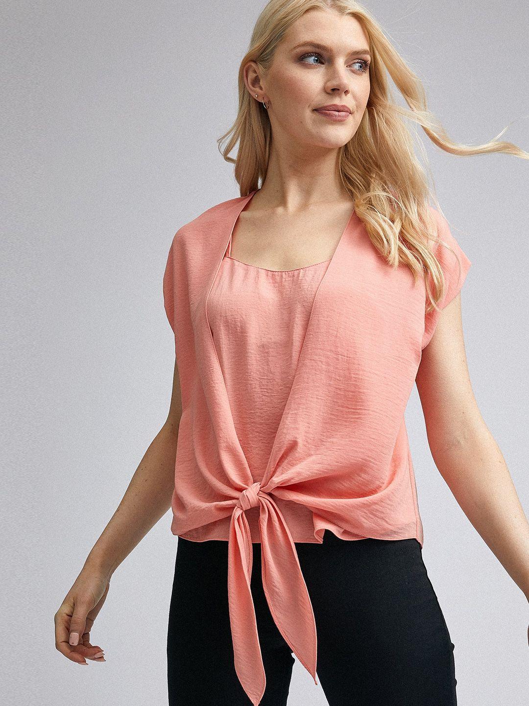 dorothy perkins women peach-coloured solid layered top