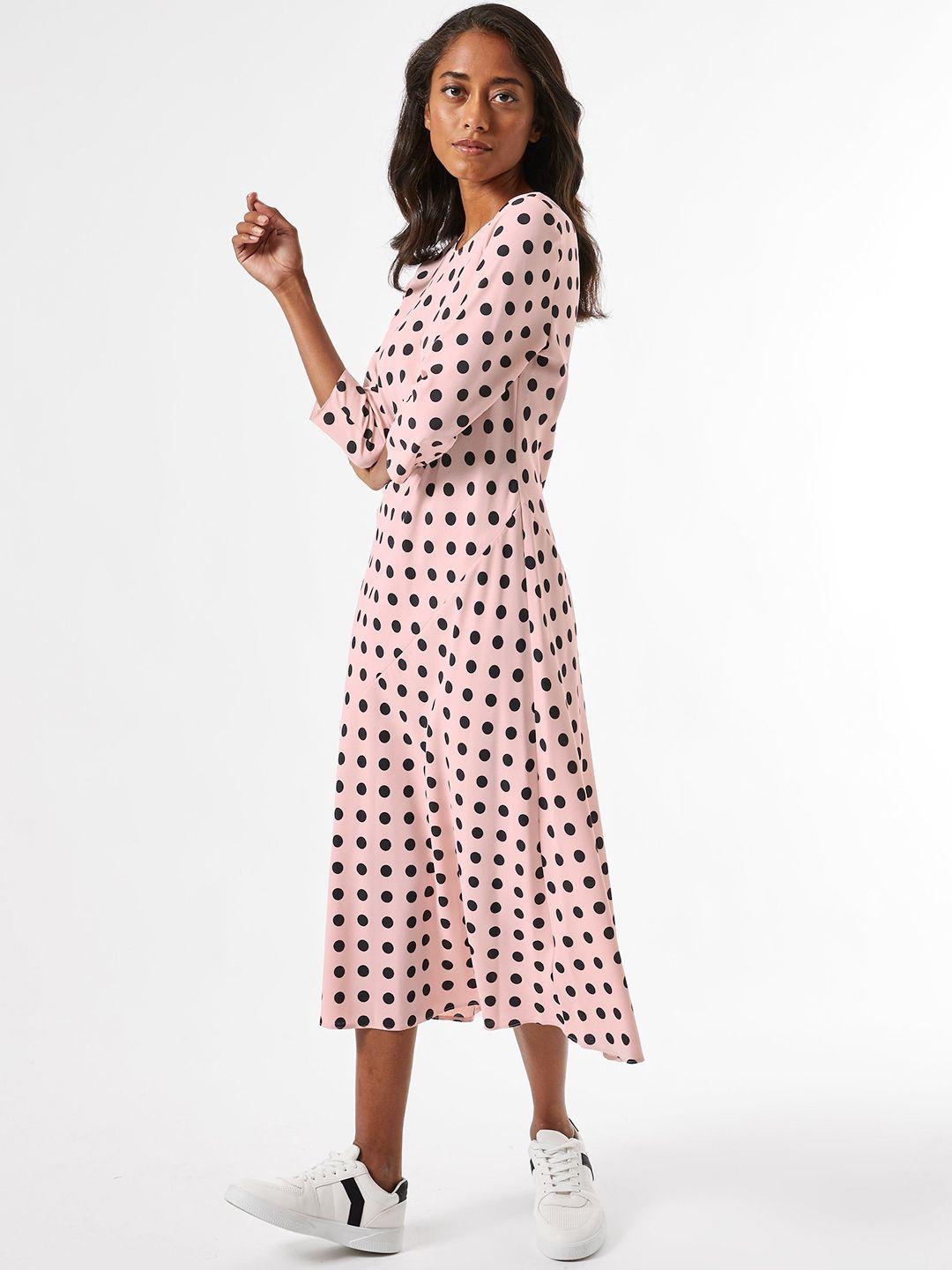 dorothy perkins women petite pink & black polka dot print a-line dress