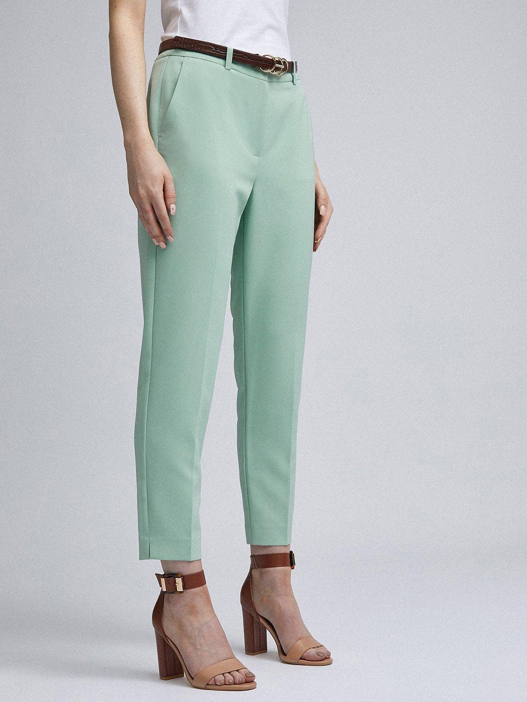 dorothy perkins women sea green regular fit solid formal trousers