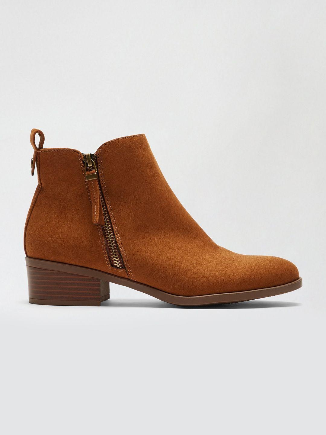 dorothy perkins women tan brown solid suede finish mid-top flat boots