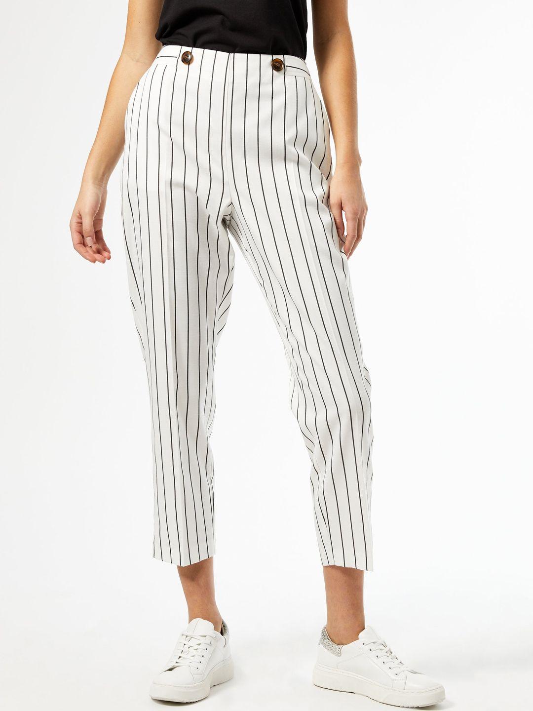 dorothy perkins women white & black regular fit striped cropped regular trousers