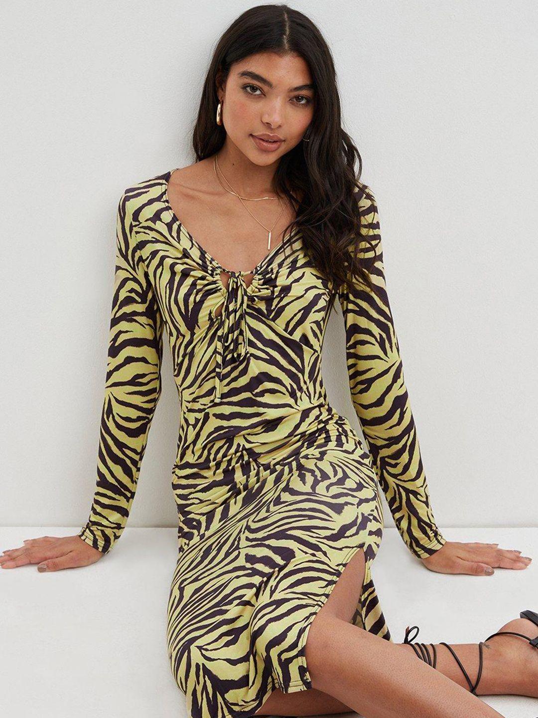 dorothy perkins yellow & black animal print tie-up neck bodycon midi dress