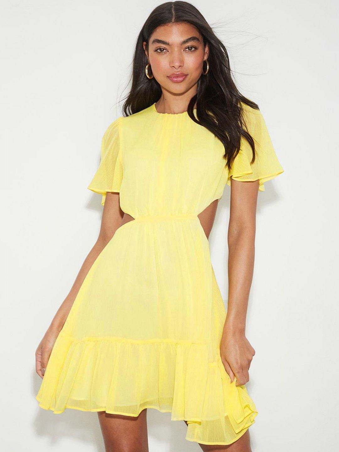 dorothy perkins yellow solid chiffon cut-out mini dress
