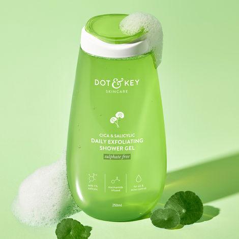 dot & key cica & salicylic daily exfoliating shower gel | exfoliating body wash with 1% salicylic acid, cica, niacinamide & green tea | for oily acne-prone & sensitive skin| sulphate free & non drying | reduces body acne & smoothes irritation | 250ml
