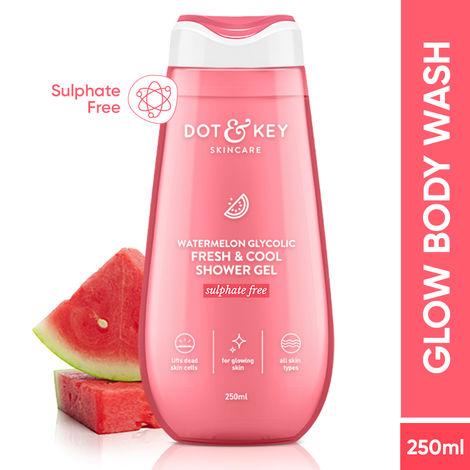 dot & key watermelon glycolic fresh & cool shower gel | glow body wash with watermelon, glucolic acid, peach & cucumber | sulphate free & non drying body wash for all skin types | provides smooth & luminous skin | 250 ml