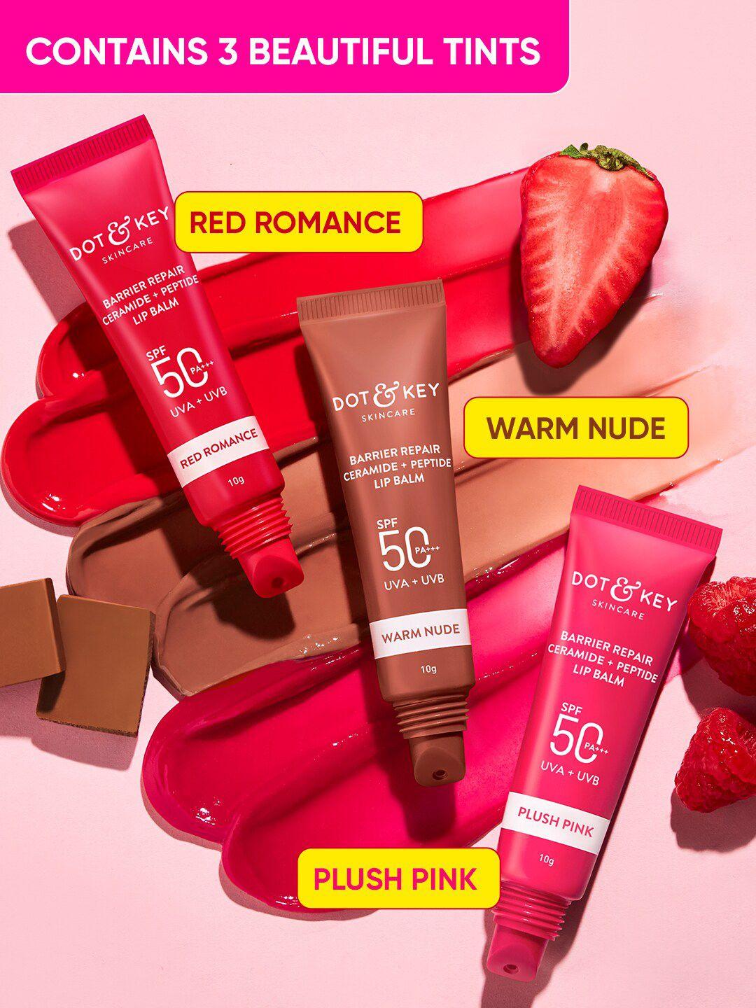 dot & key 3pc barrier repair spf 50 lip balm - 10g each - warm nude-red romance-plush pink