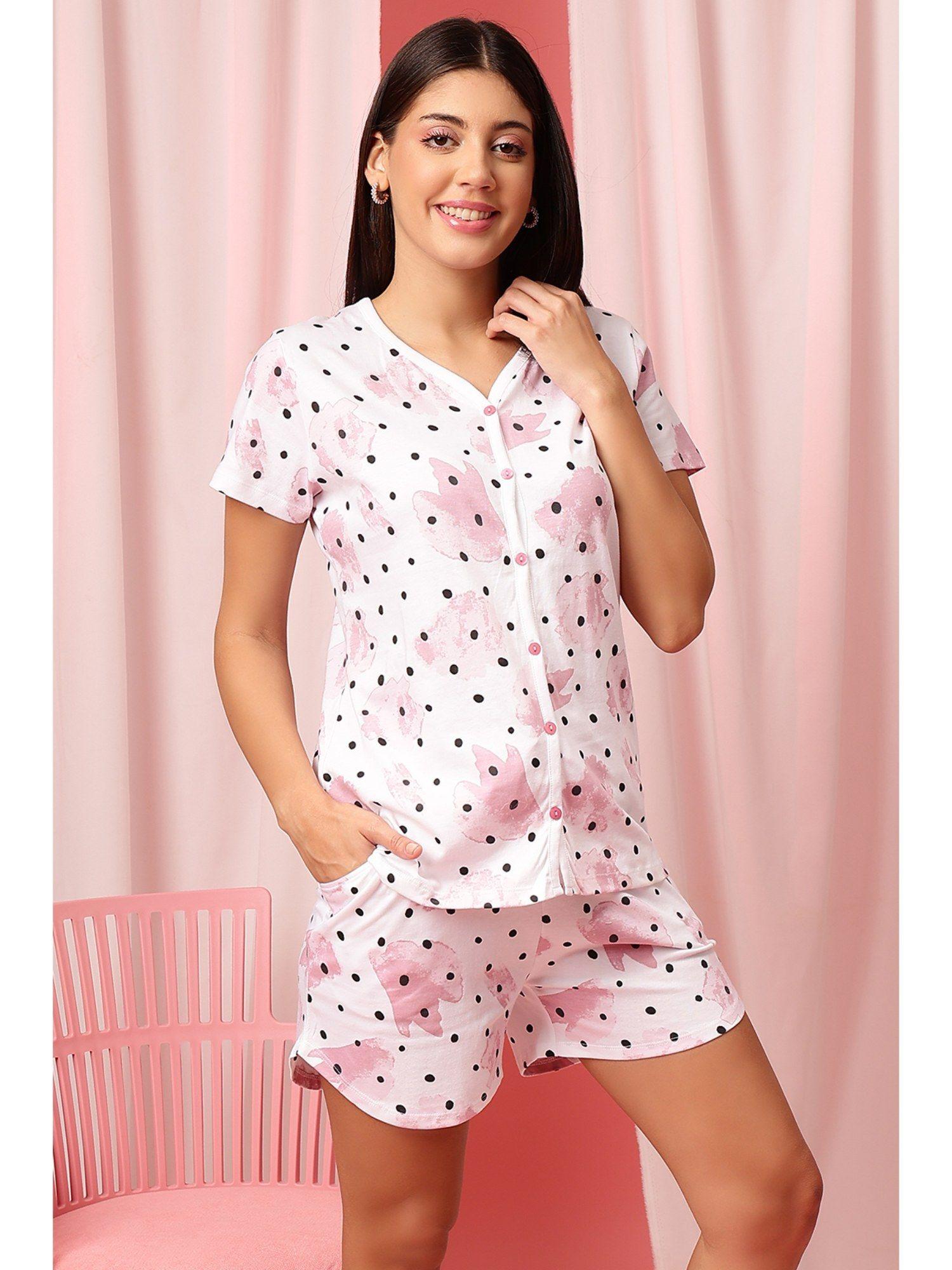 dot print button down top & shorts set in white- 100 percent cotton