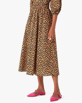 dotty leopard print poplin midi flared skirt