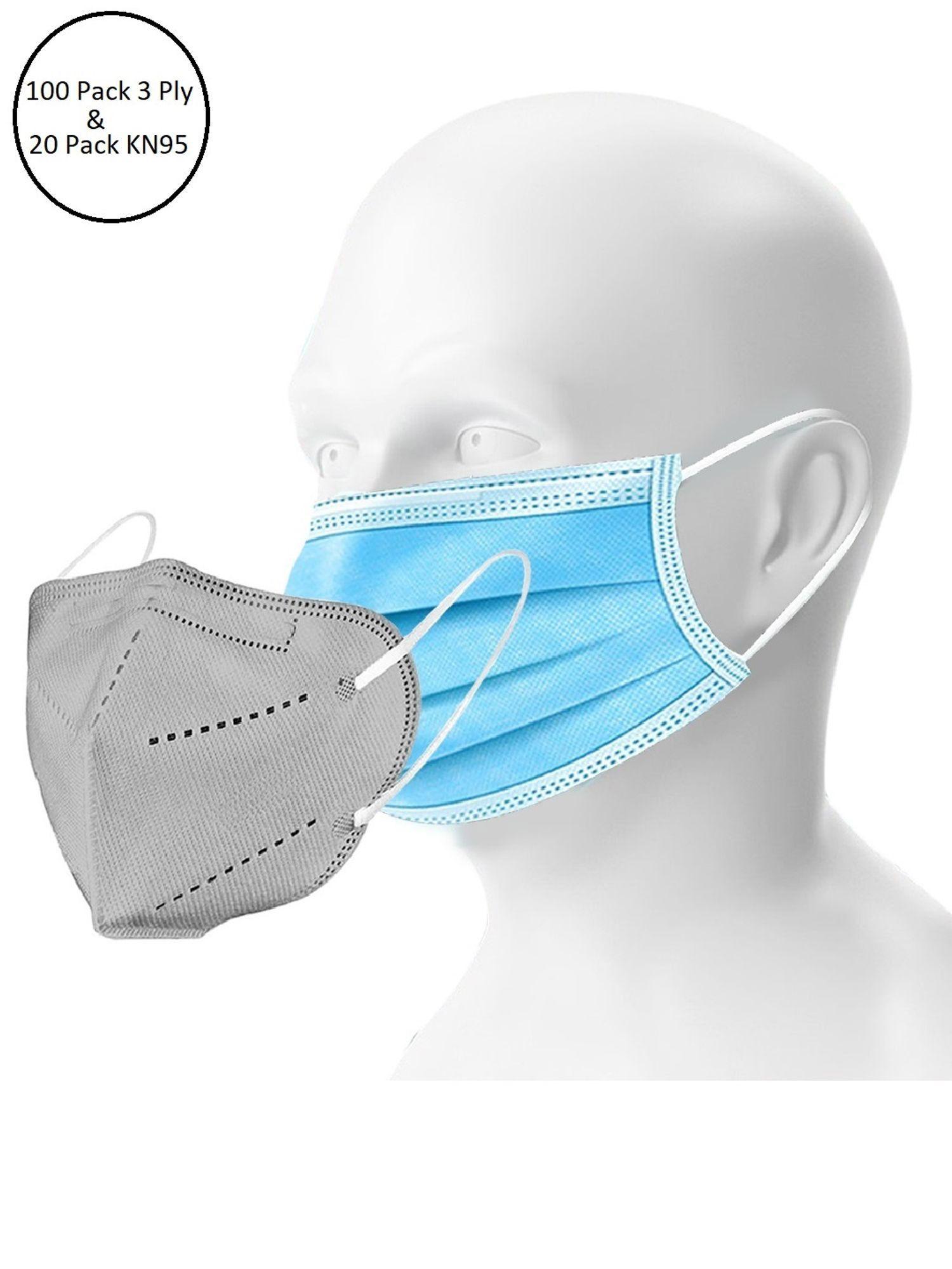 double mask set of 100 disposable 3 ply & 20 kn95 n95 masks