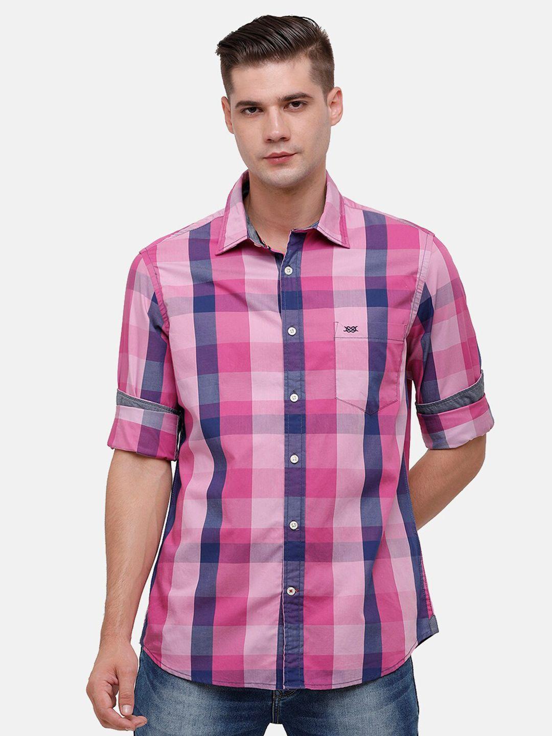 double two men pink slim fit checked casual shirt