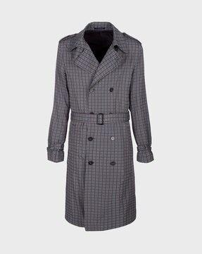 double-breasted plaid trench coat with notched lapel