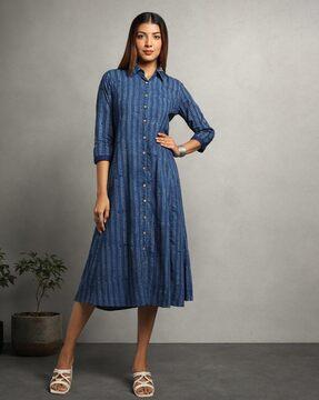 double dabu print cotton shirt flared dress