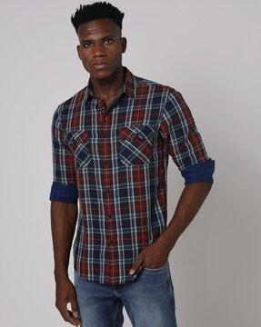 double flap pocket check shirt