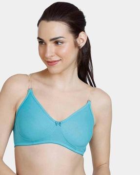 double layered non-wired non-padded medium coverage t-shirt bra with transparent straps