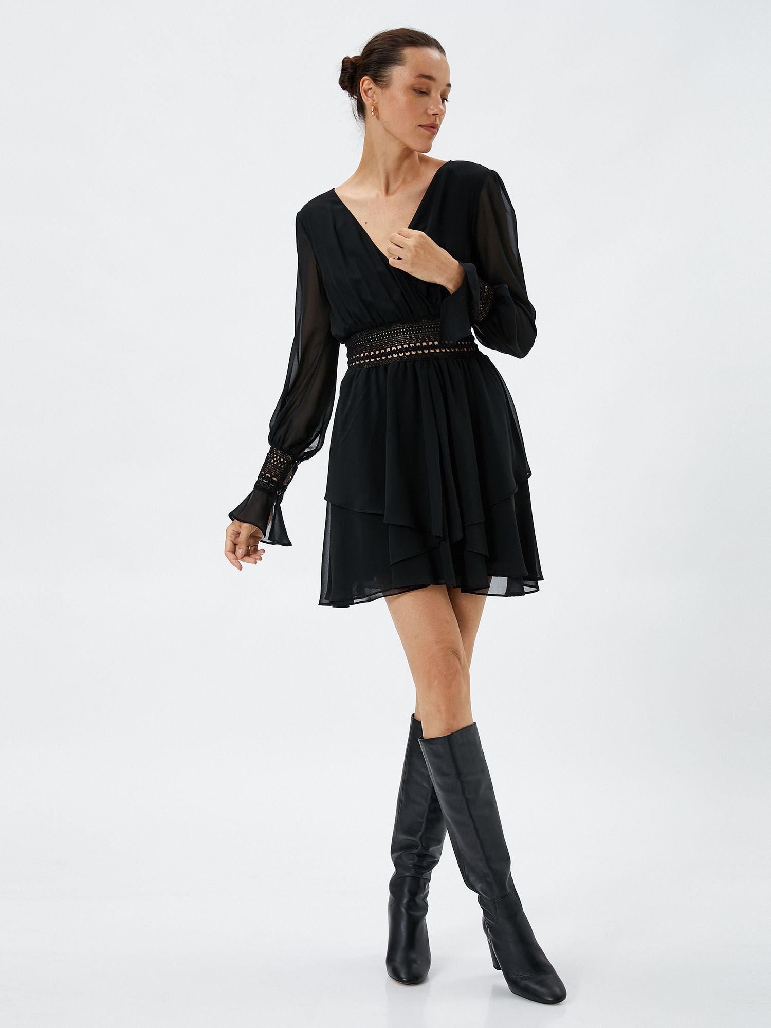 double mini dress lace detailed long sleeve loose fit