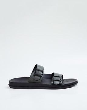double-strap slides with buckle closure