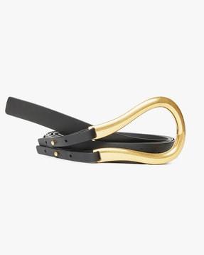 double-strap belt with horseshoe-shaped buckle