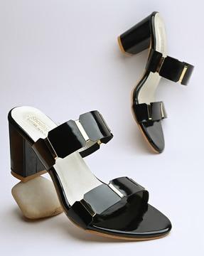 double strap heeled sandals with metal accents