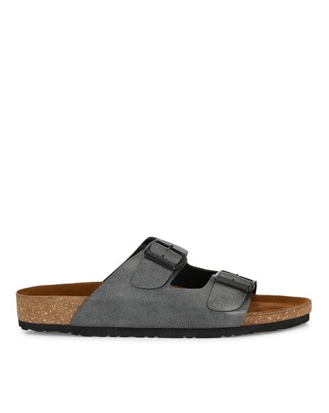 double-strap slip-on sandals with buckle closure