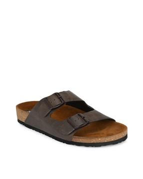 double-strap slip-on sandals with buckle closure