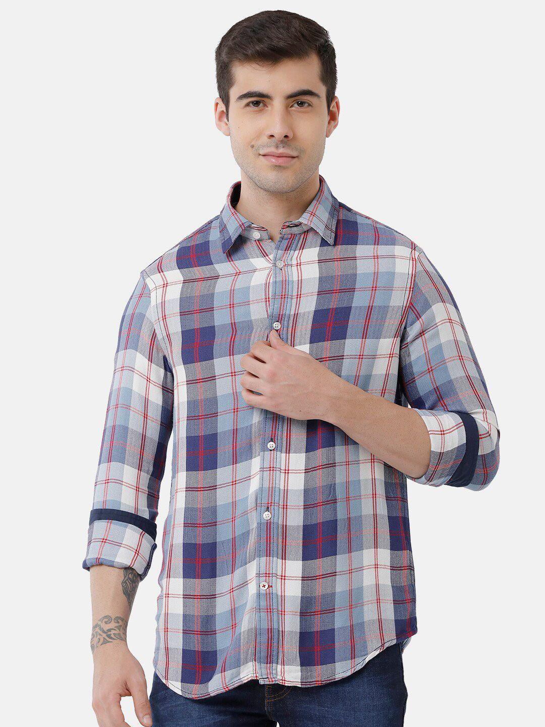 double two men blue slim fit tartan checked cotton casual shirt