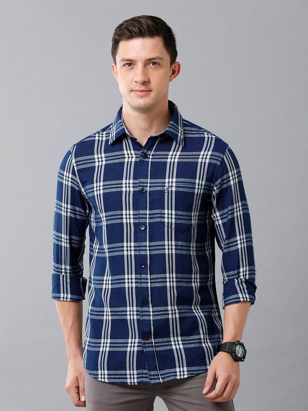 double two men navy blue slim fit tartan checks checked casual shirt