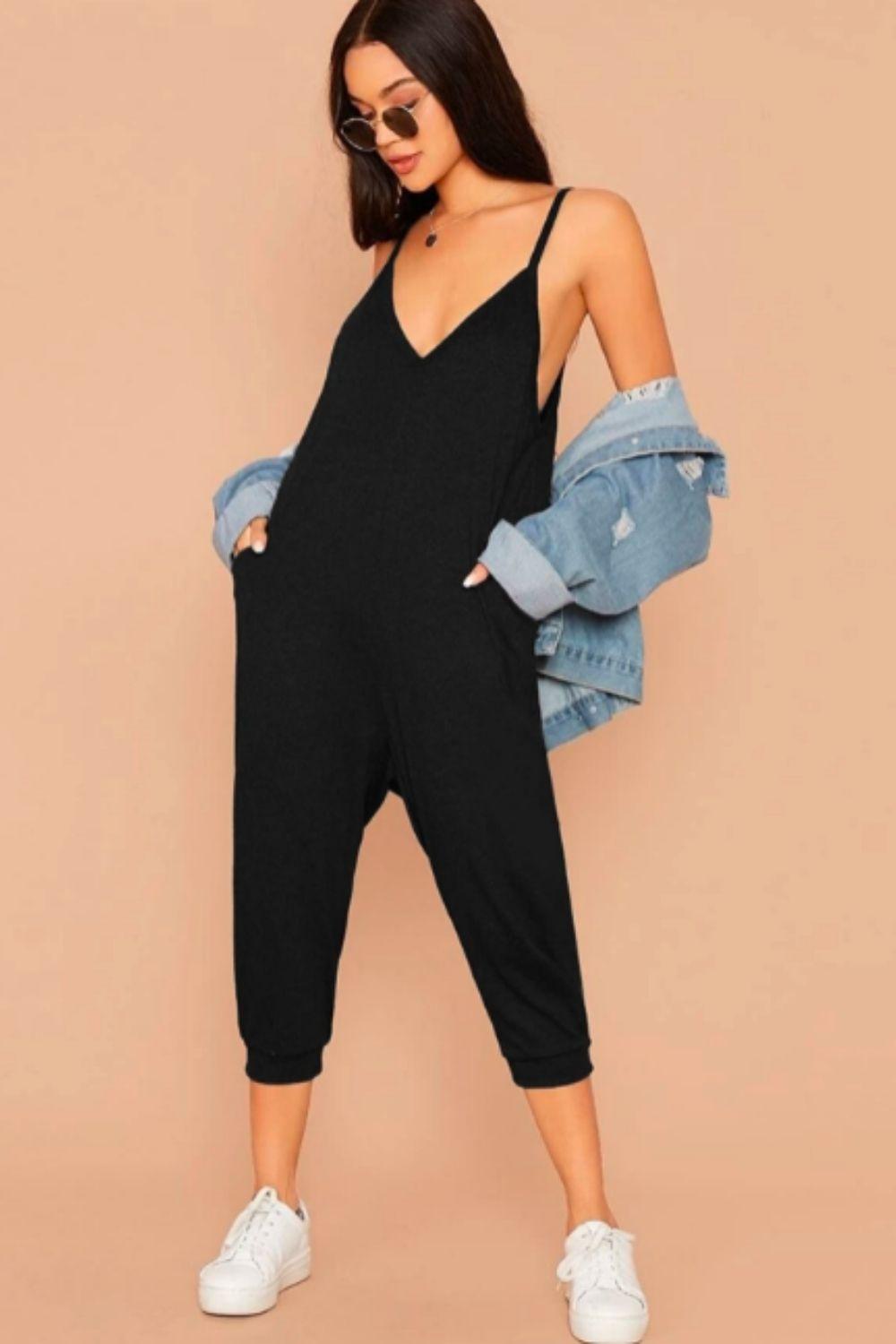 double v neck  pocket cami jumpsuit