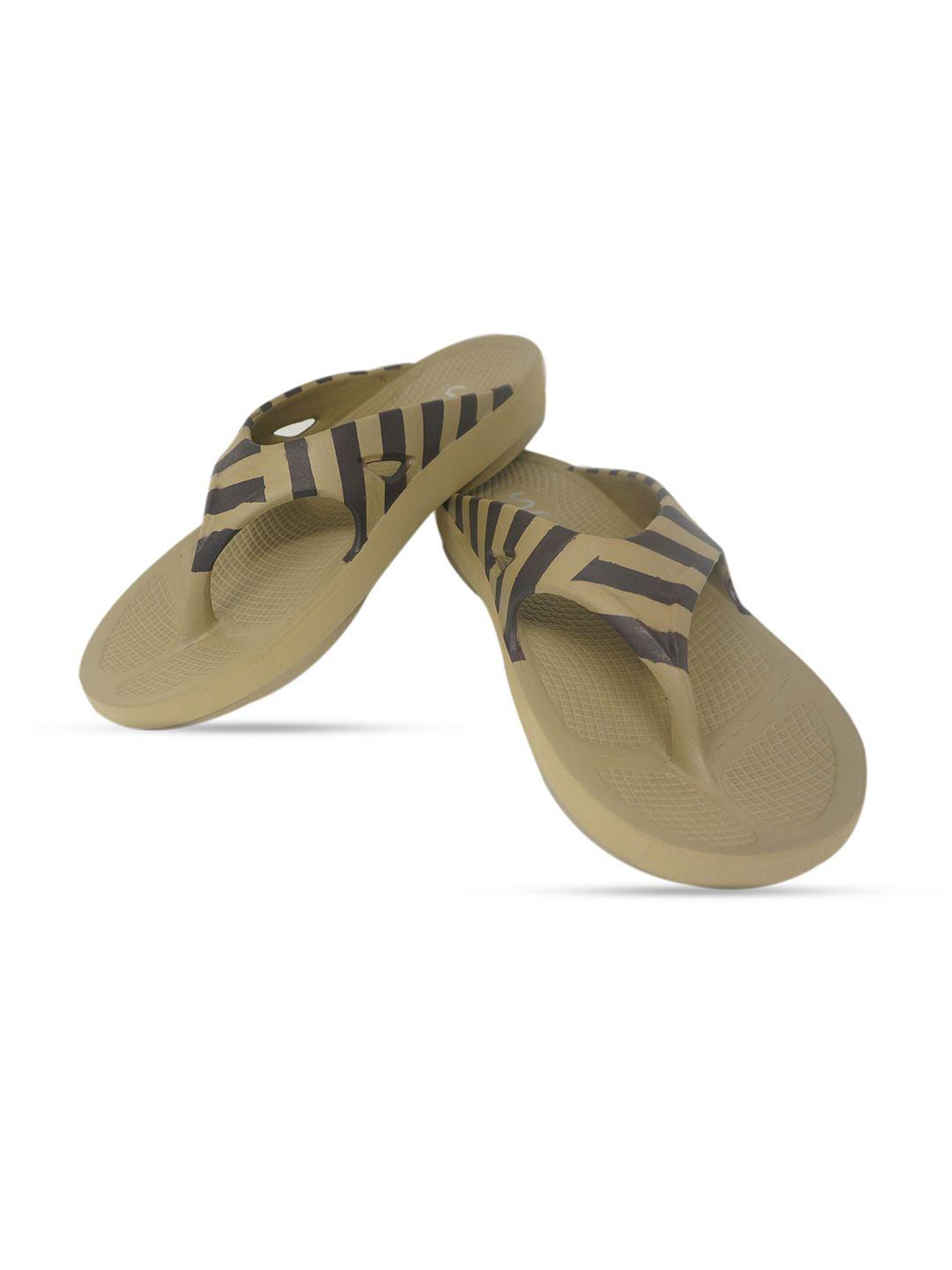 doubleu men khaki & brown striped rubber thong flip-flops