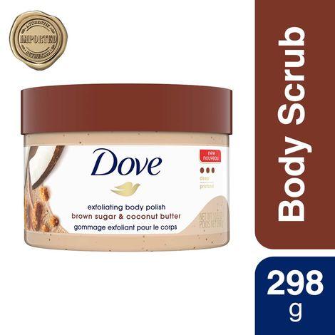 dove exfoliating body polish scrub brown sugar & coconut butter for dry skin, 298g