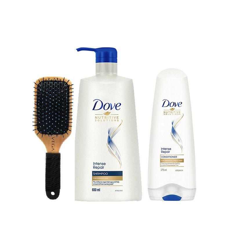 dove intense repair shampoo + conditioner with vega hair brush combo