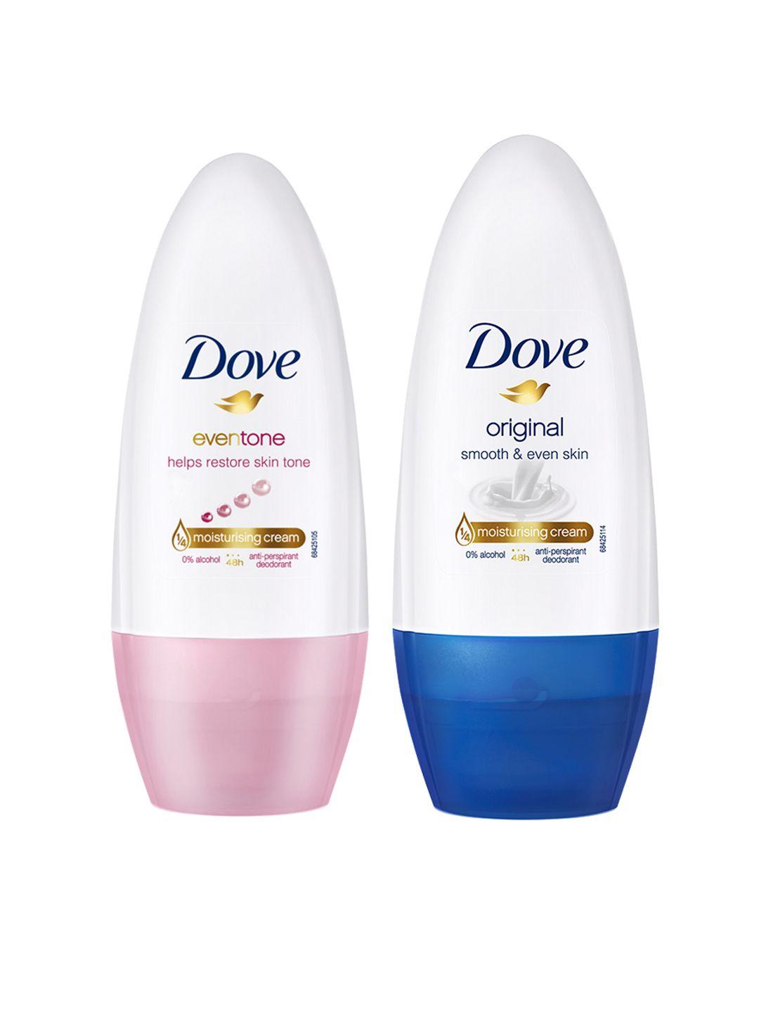 dove women set of 2 antiperspirant roll-on deodorant 50ml each - original & eventone
