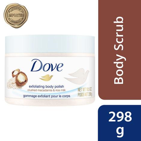 dove exfoliating body polish scrub, rice milk and moisturizing macadamia, 298 gm