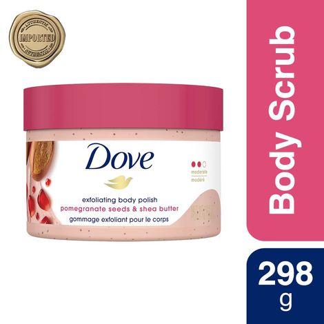 dove exfoliating body polish scrub, shea butter & pomegranate seeds, 298 gm