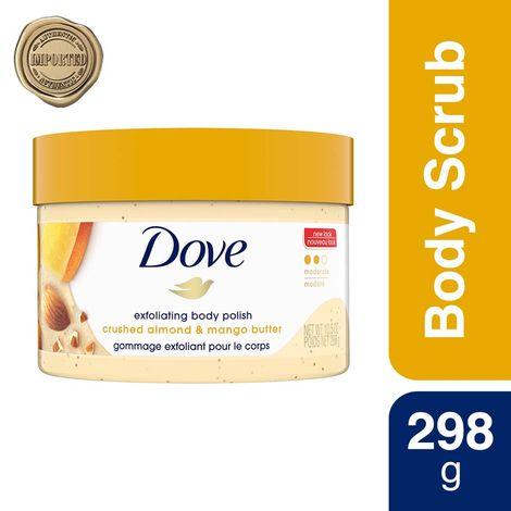 dove exfoliating body polish scrub crushed almond & mango butter for dry skin, 298g