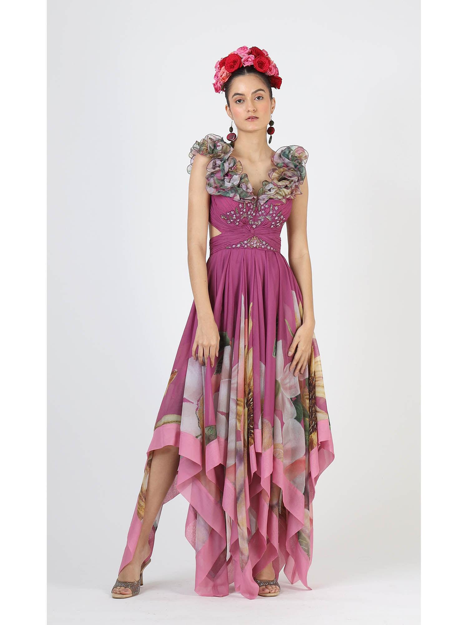 dove floral ruffled neck sleeveless purple gown