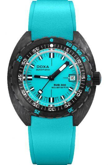 doxa sub 300 carbon turquoise dial automatic watch with rubber strap for men - 822.70.241.25