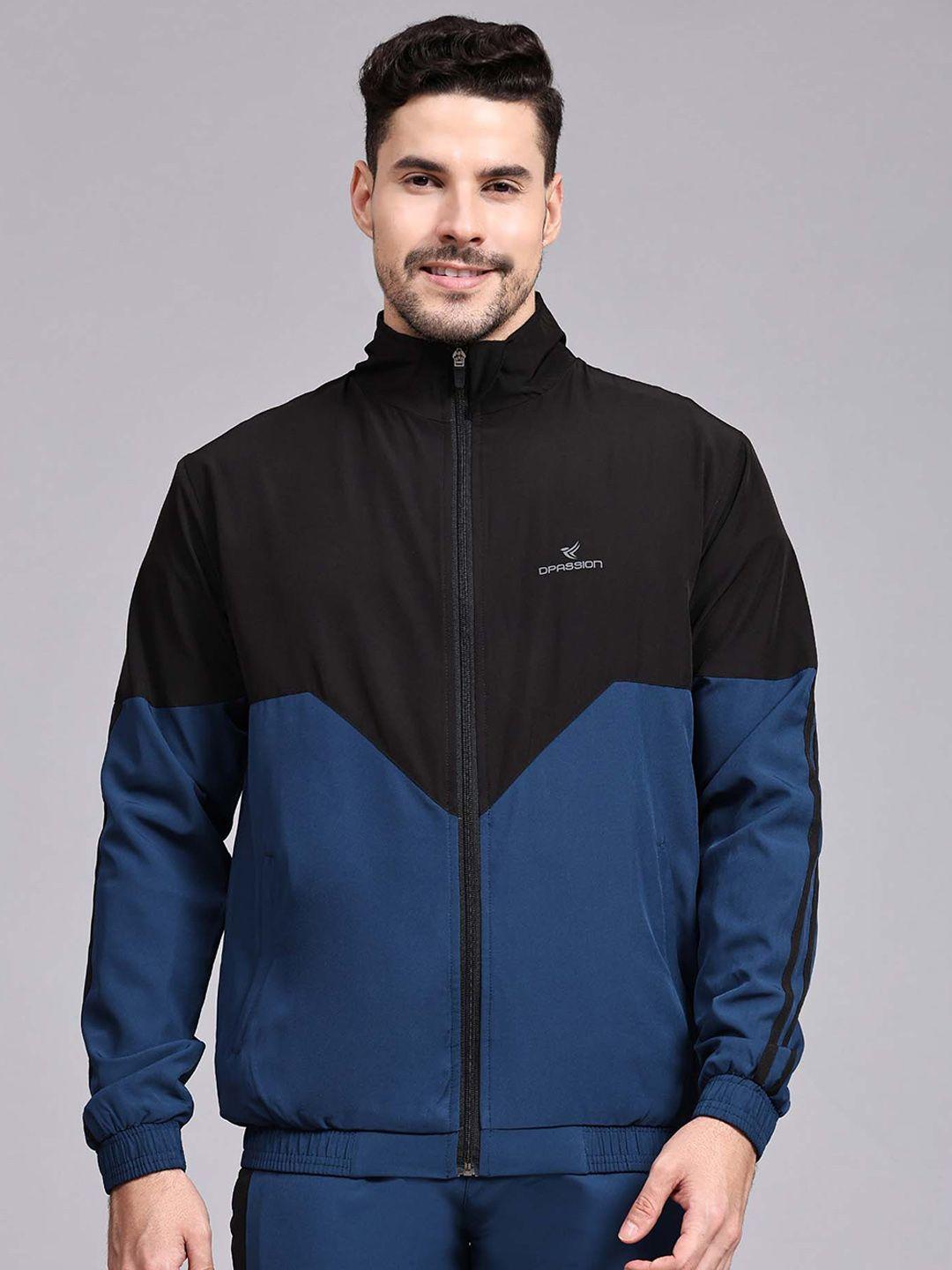 dpassion men blue colourblocked lightweight crop outdoor sporty jacket with embroidered