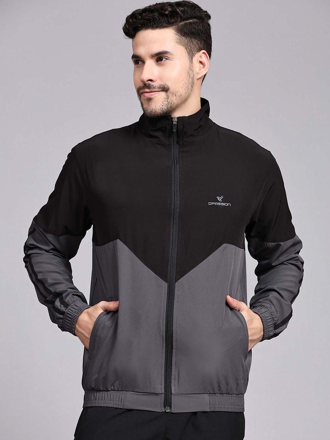 dpassion men grey colourblocked lightweight longline outdoor sporty jacket with embroidered