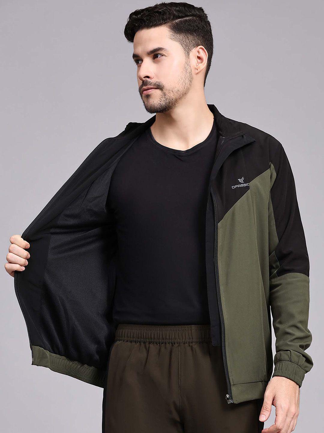 dpassion men olive green colourblocked lightweight longline outdoor sporty jacket