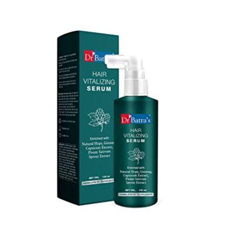 dr batra’s hair vitalizing serum. helps hair growth. reduces hair fall. balances hair cycle. enriched with thuja, hops, ginseng, capsicum, pisum sativum sprout extract. suitable for men, women. 125 ml.