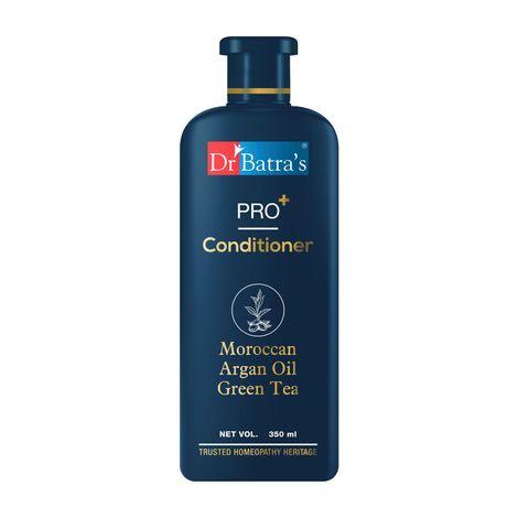 dr batra’s pro+ conditioner. contains moroccan argan oil, green tea, castor oil, horsetail plant, thuja extracts. restores shine. softens dry ends. improves hair texture. sulphate, paraben, silicone free. suitable for men and women. 350 ml