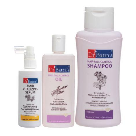 dr batra's hair vitalizing serum 125 ml, hair fall control shampoo - 500 ml and hair fall control oil- 200 ml