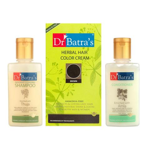 dr batra's herbal hair color cream- brown, dandruff cleansing shampoo - 100 ml and conditioner - 100 ml (pack of 3 men and women)