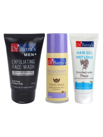 dr batra's men exfoliating face wash - 125 g, deo for men 100gm and hair gel - 100 gm. (pack of 3 for men)