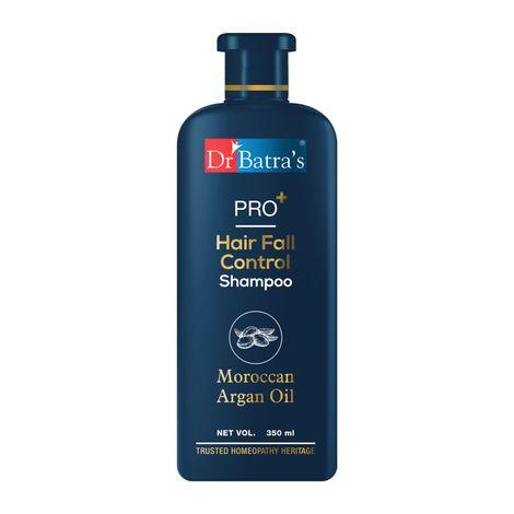 dr batra's pro+ hair fall control shampoo. enriched with moroccan argan oil, thuja extracts. controls hair fall. strengthens hair from the roots. improves texture. sulphate, paraben, silicone free. suitable for men and women. 350 ml