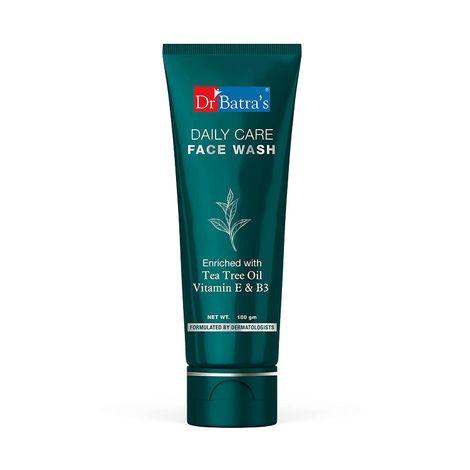 dr batra’s daily care face wash. eliminates dirt. moisturizes skin. protects against impurities. contains echinacea extracts, tea tree oil, vitamin b3, vitamin e. sls, paraben free. for men, women. 100 g.