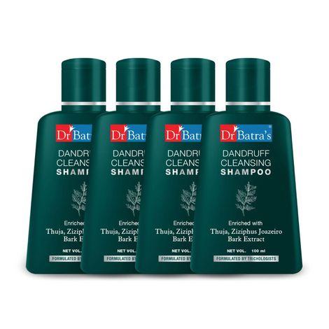 dr batra’s dandruff cleansing shampoo. cleanses scalp. removes visible dandruff flakes. contains natural thuja, ziziphus jaozeiro extracts. suitable for men, women. 100 ml (pack of 4)