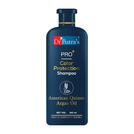 dr batra’spro+color protection shampoo. contains american quinoa, moroccan argan oil, thuja extracts. improves color retention. conditions hair. maintains scalp health. sulphate, paraben, silicone free. suitable for men and women. 350 ml