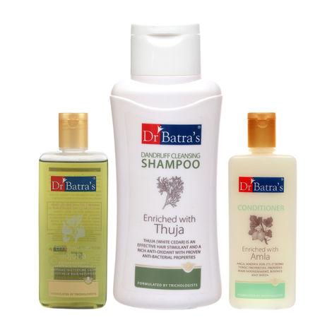 dr batra's dandruff cleansing shampoo 500ml, conditioner 200ml and hai oil 200 ml (pack of 3 for men and women)